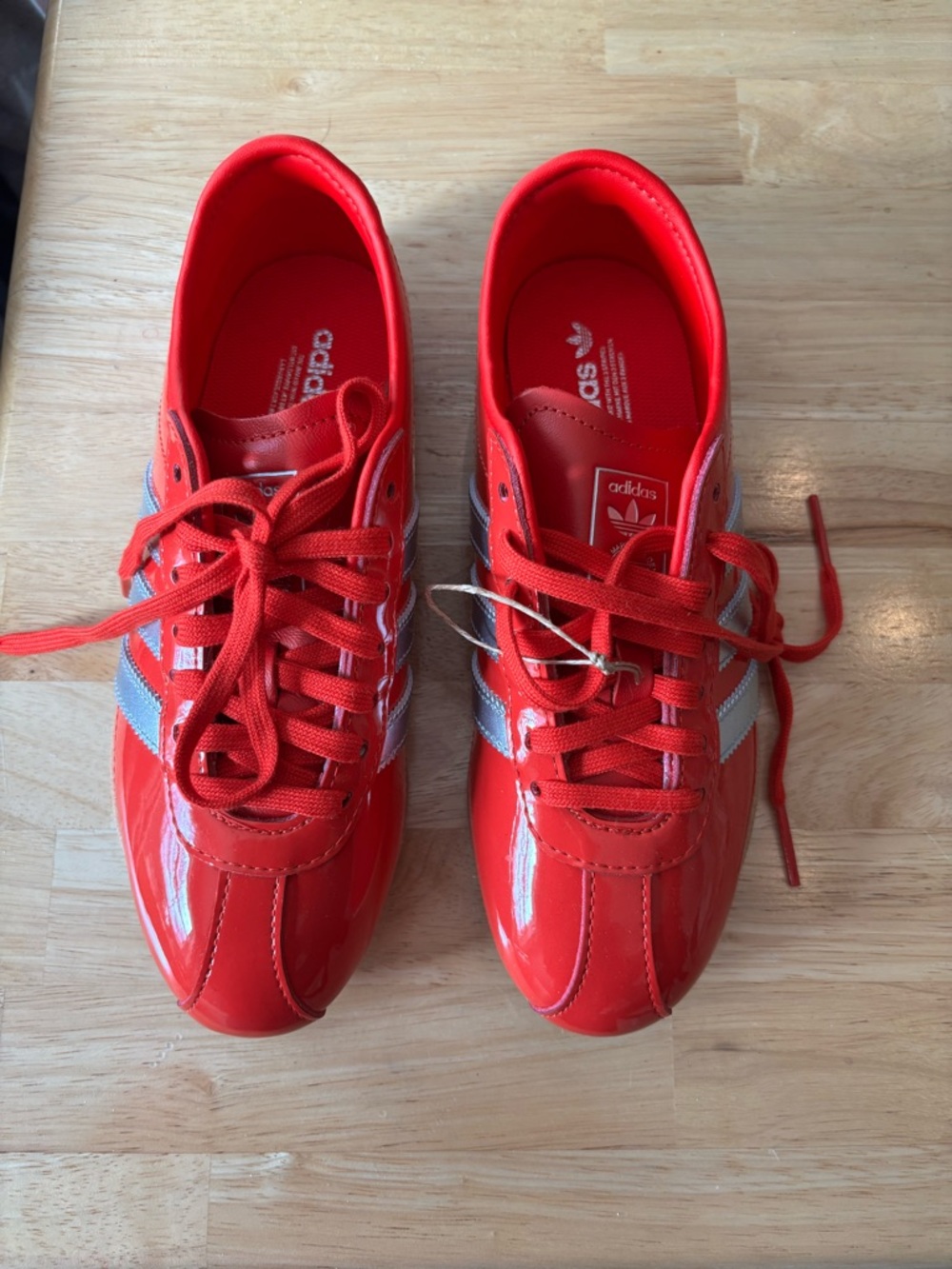 Women’s adidas Tokyo Red Patent Leather Sneakers with Silver Stripes NWT - Picture 2 of 5